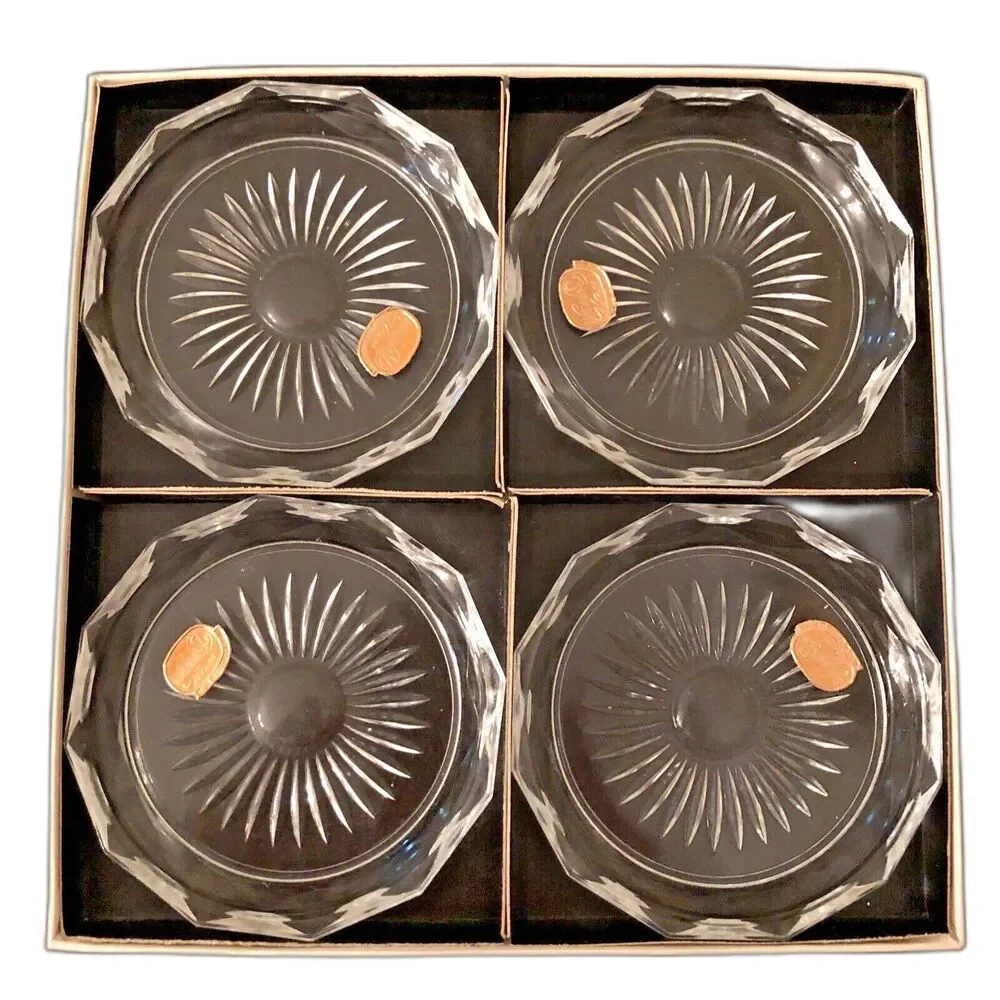 VTG MCM Bohemia Czech Cut Glass Crystal Coasters Sunburst Set of 4 New Gift Box